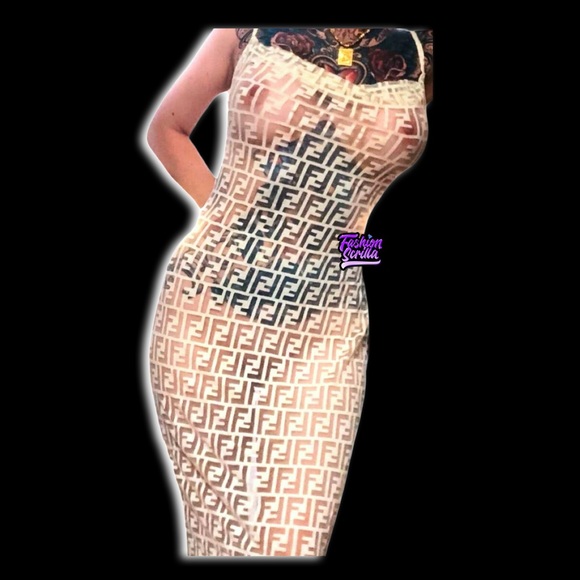 Fendi Vintage Embossed Logo Sheer Nylon FF Monogram Logo Dress Nude Cream - Picture 3 of 17